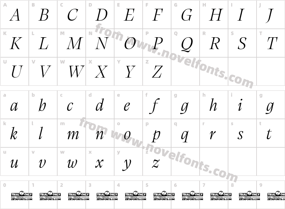 Calvino Grande Trial Light ItalicCharacter Map